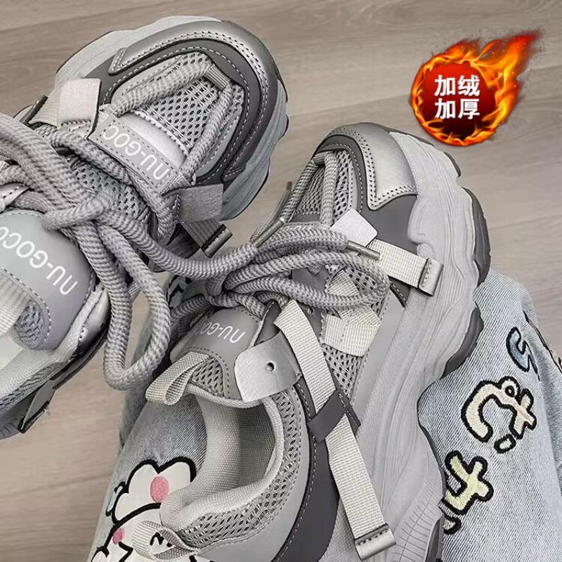 Platform Dad Shoes Women's Autumn and Winter New Leather Surface Heightening Two Cotton Students Velvet Muffin Sneakers Cotton Shoes