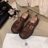 Retro leather washed shrinkage round head thick sole thick heel belt buckle loafers women's autumn and winter small leather shoes single shoes