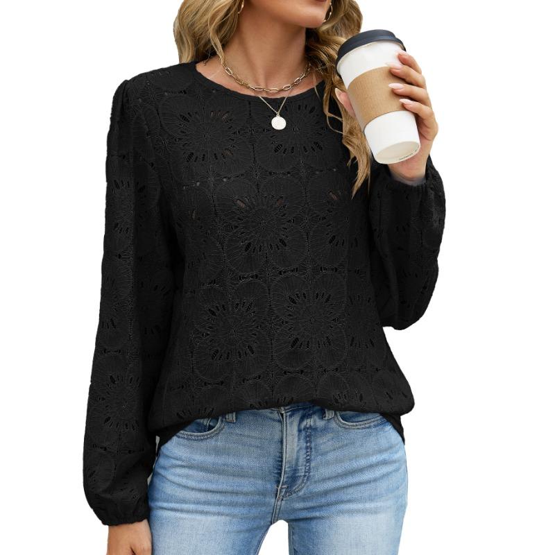 Solid Color Lace Trim Round Neck Long Sleeve Loose Hollow Blouse For Women