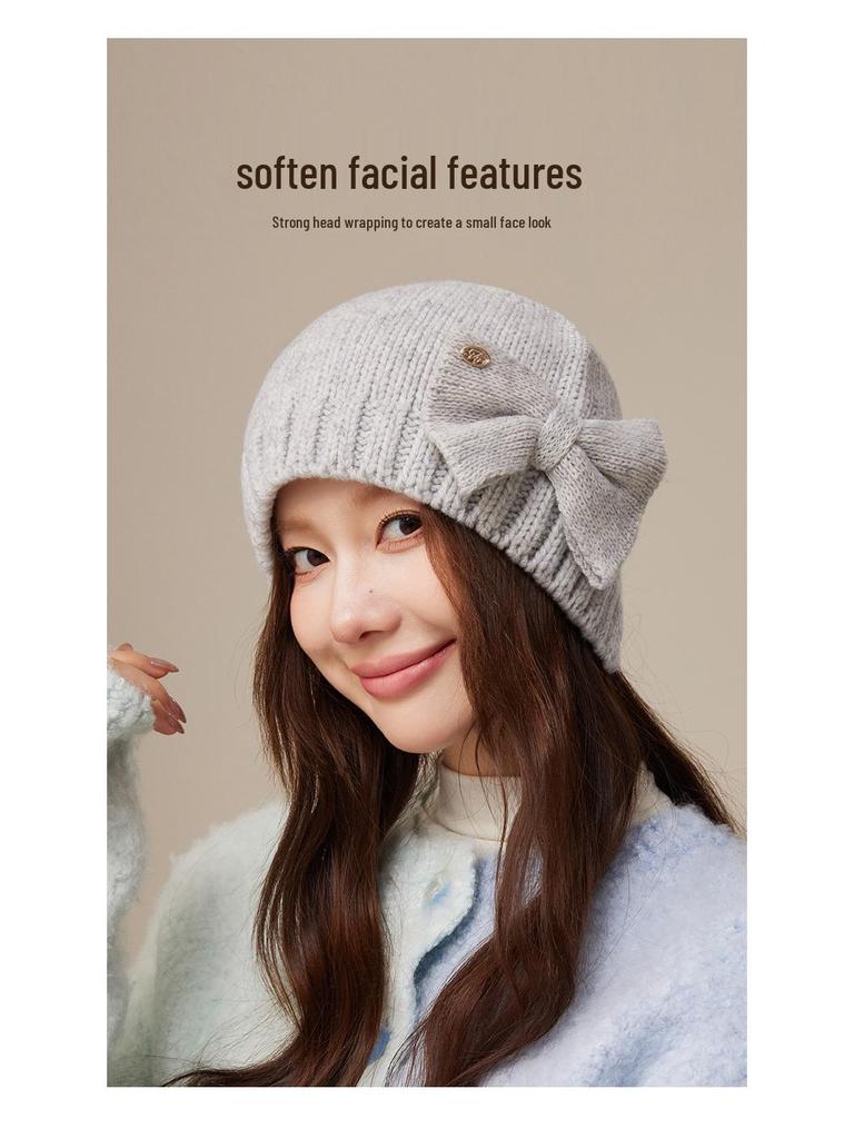 Women's Pure Wool Knitted Hat with Bow - Warm, Fashionable, Ear-Protecting, and Face-Slimming for Autumn and Winter