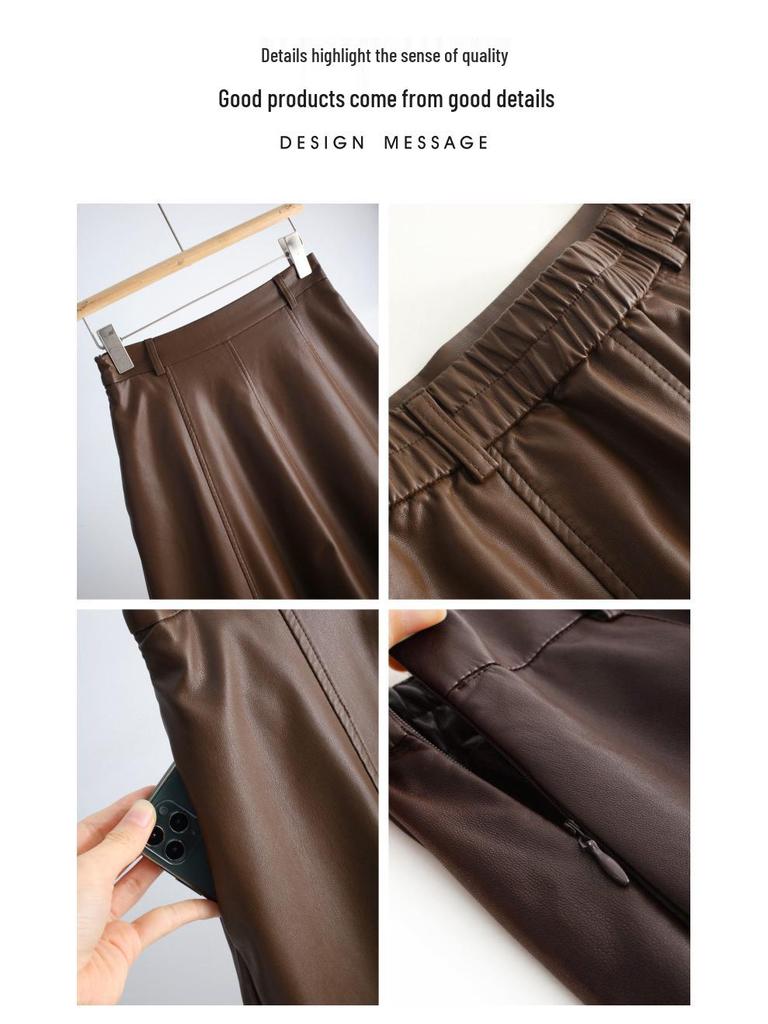 Women's High Waist Lambskin A-Line Midi Skirt - Autumn/Winter 2025 Trendy Leather Umbrella Skirt