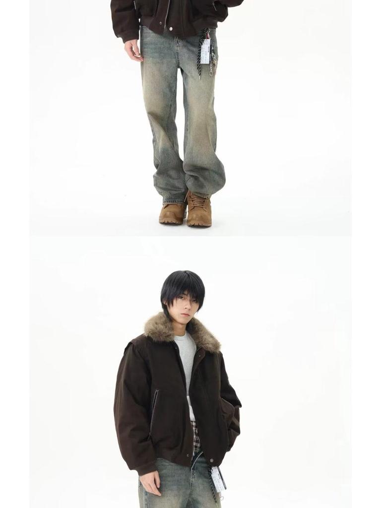 Men's American Retro Fur Collar Cotton Jacket – Trendy Winter Workwear, Thick and Versatile Warm Outerwear for Couples.