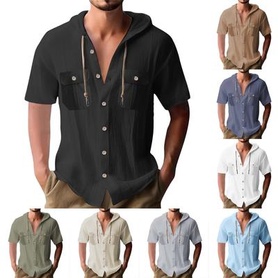 Herren Sommer Einfarbig Taschen Baumwolle Leinen Kurzarm Knopf Kapuze