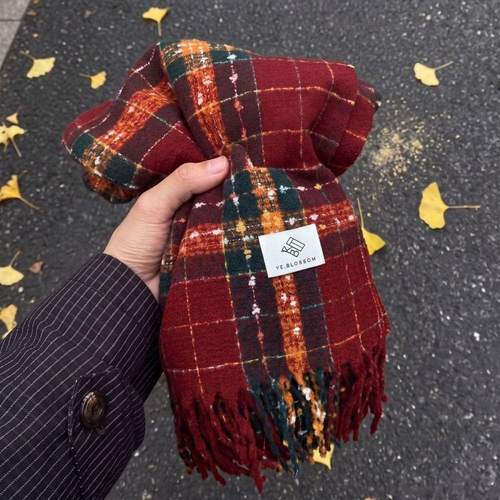 Warm Plaid Faux Cashmere Scarf 200cm X 63cm Fall Winter Tassel Scarf Polyester Thick Scarf  Couple