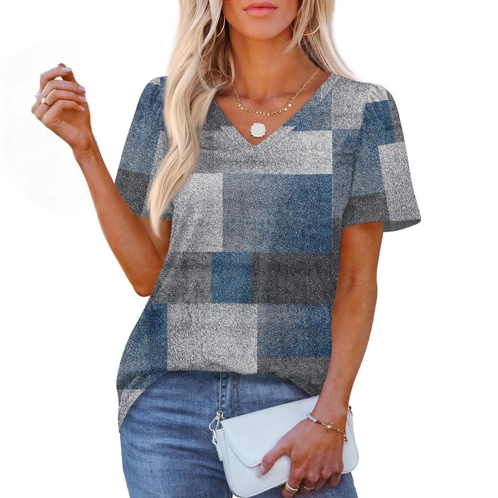 Women's Fashionable Casual Short Sleeve Print V-Neck Pullover Top