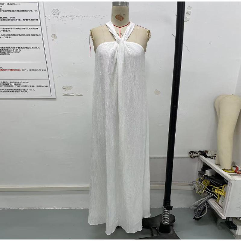 White Halter Dress Loose Off Shoulder Solid Color Causal Sleeveless Dresses Women's Vacation Beach Robe Simple Daily 2025 Summer
