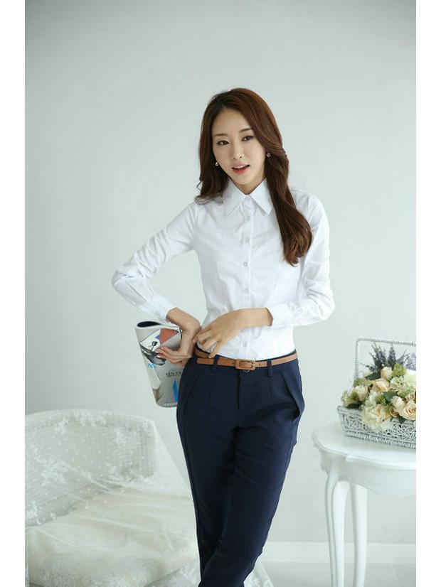 New Women's Spring & Summer White Long-Sleeve Professional Shirts In Plus Sizes