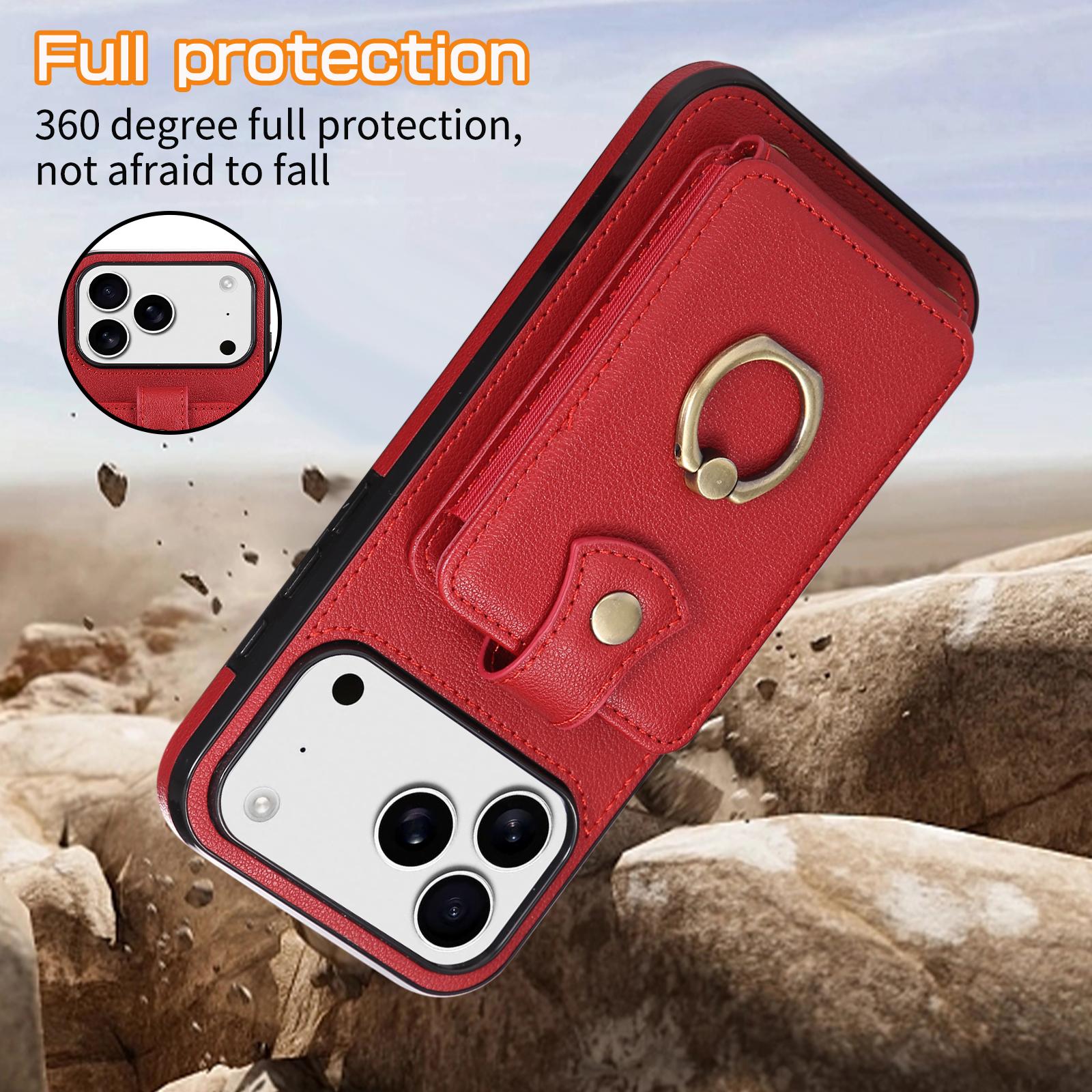 

Plain Leather Phone Case for iPhone 17 Pro Max Air 16E 16 Plus 15 Pro 14 13 Mini 12 11 Hardware Ring Card Holder Wallet Cover iPhone17 червоний