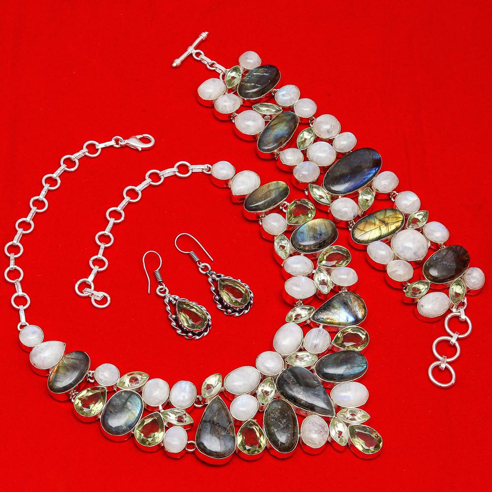 Rainbow Moonstone Shiney Labrodorite Handicraft Jewelry Necklace Set 16-18''