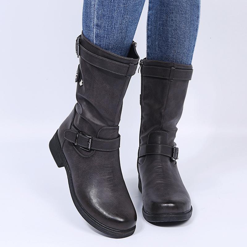 

Женские ботинки больших размеров 35–43, черные кожаные ботинки до середины икры, женские туфли на плоской подошве, зимние снежные ботинки, модельер в стиле ретро 35 серый