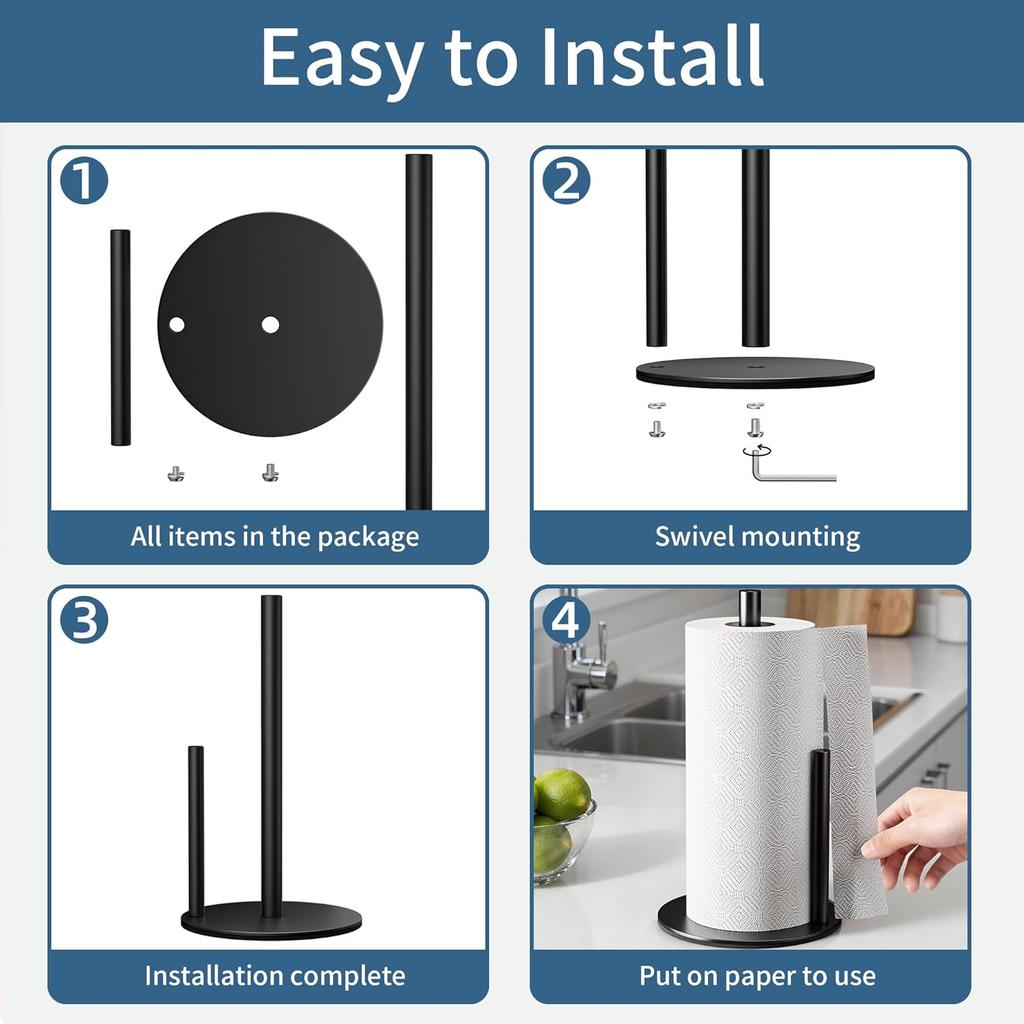 Black Paper Towel Holder Stand for Kitchen Countertop and Bathroom, Stainless Steel Kitchen Upright Paper Towel Holder for Large and Standard