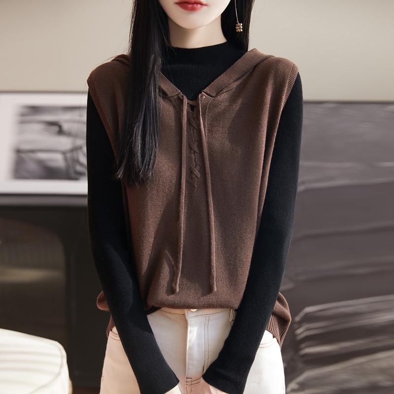 

Женский шерстяной кардиган-жилет с капюшоном - 2025 Весна/Осень Свободный стиль. M кофейный