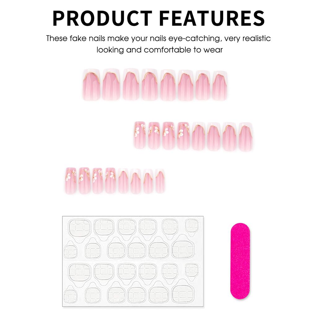 24Pcs French White 3D Embossed Flower Fake Nails Resin Comfort Fit For Adult Women