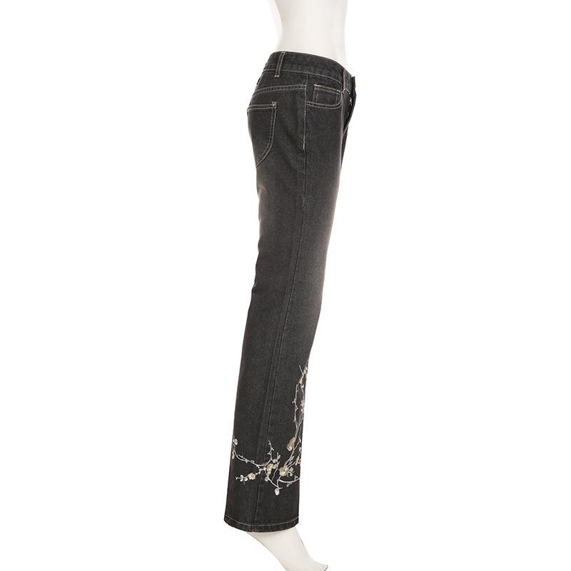 Women's Retro Low-Waist Flared Jeans with Floral Embroidery