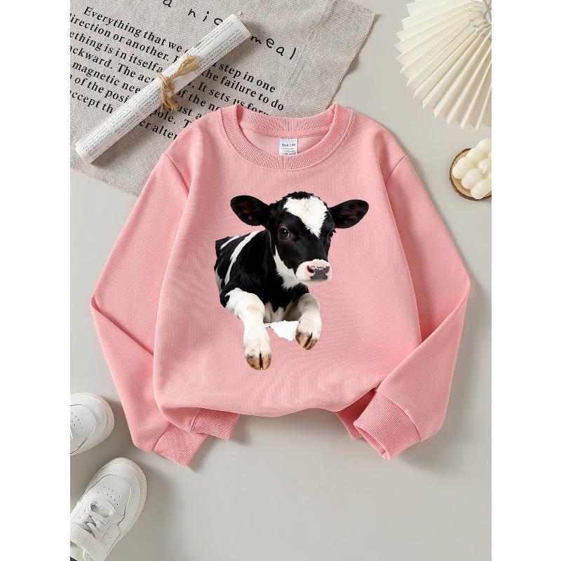 European sizes Kids' Crewneck Sweatshirt Black And White Cow Pattern Print , Sportswear And Casual Wear, Soft And Comfortable, Children's Clothing