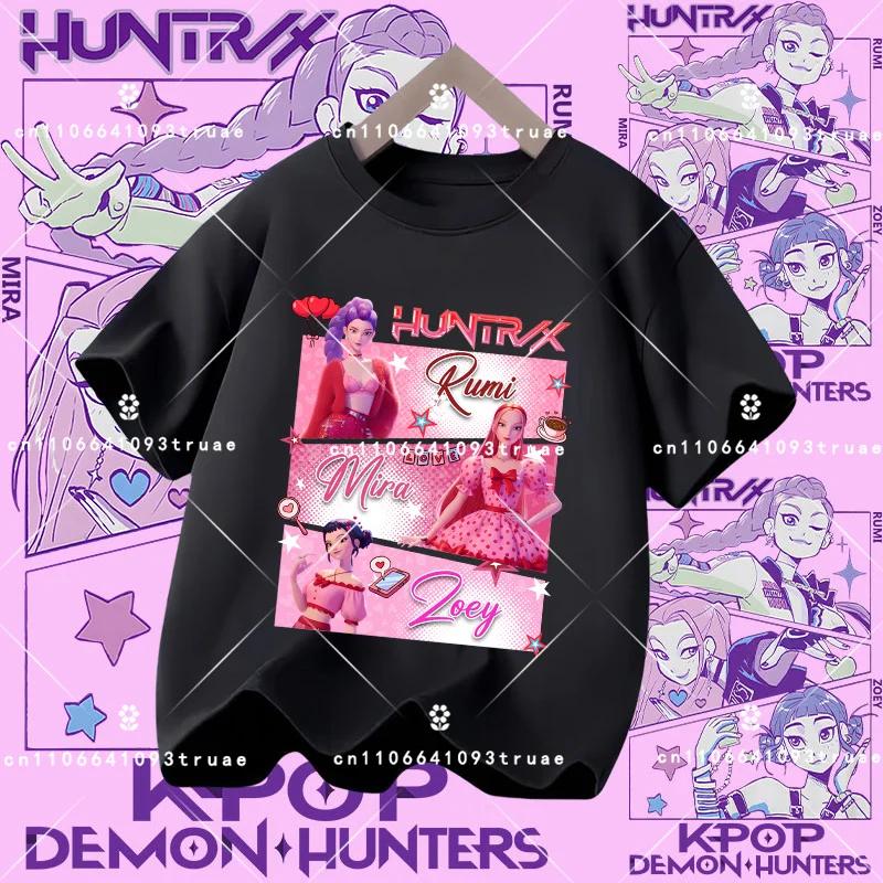 Polyester short-sleeved K-pop Demon Hunter girl cute sports shirt for children aged 1-12. Summer T-shirt. Casual top. Cartoon print