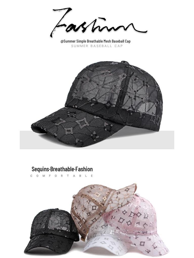 Koreańska Letnia Czapka Baseballowa z Siatki z Cekinami dla Kobiet - Oddychająca Czapka z Daszkiem