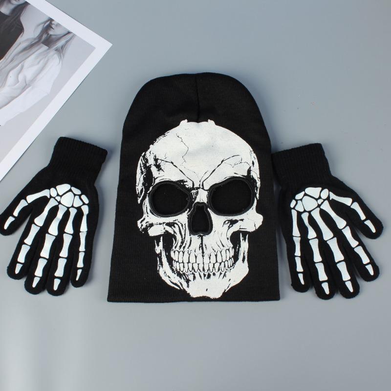 Black and White Skull Gloves and Hats for Men and Women Halloween Party Dress Up Suitable for Outdoor Windproof and Warm Keeping
