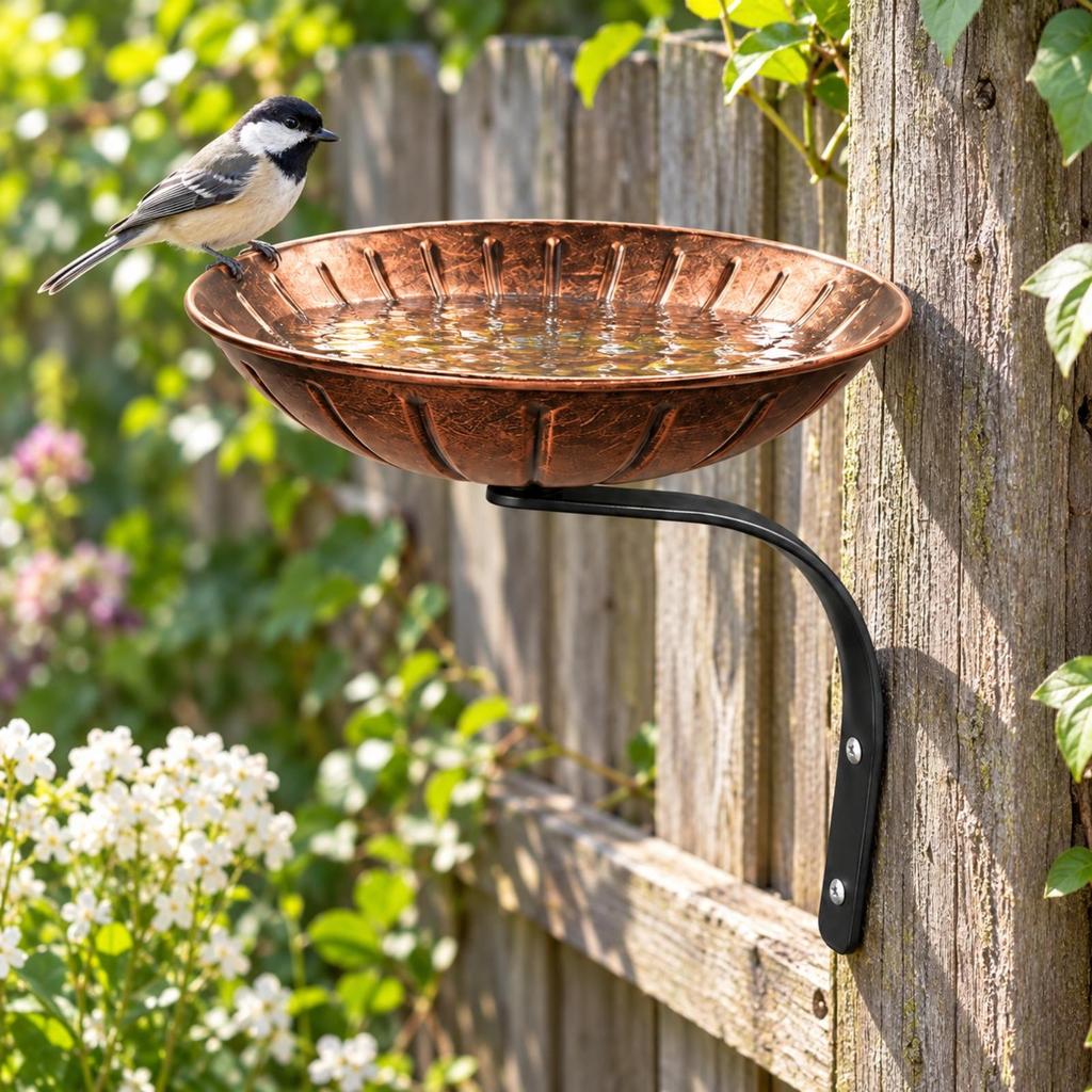 Fluted Round Birdbath Bowl with Wall Mount Raised Rim WallMounted Metal Bracket Sturdy
