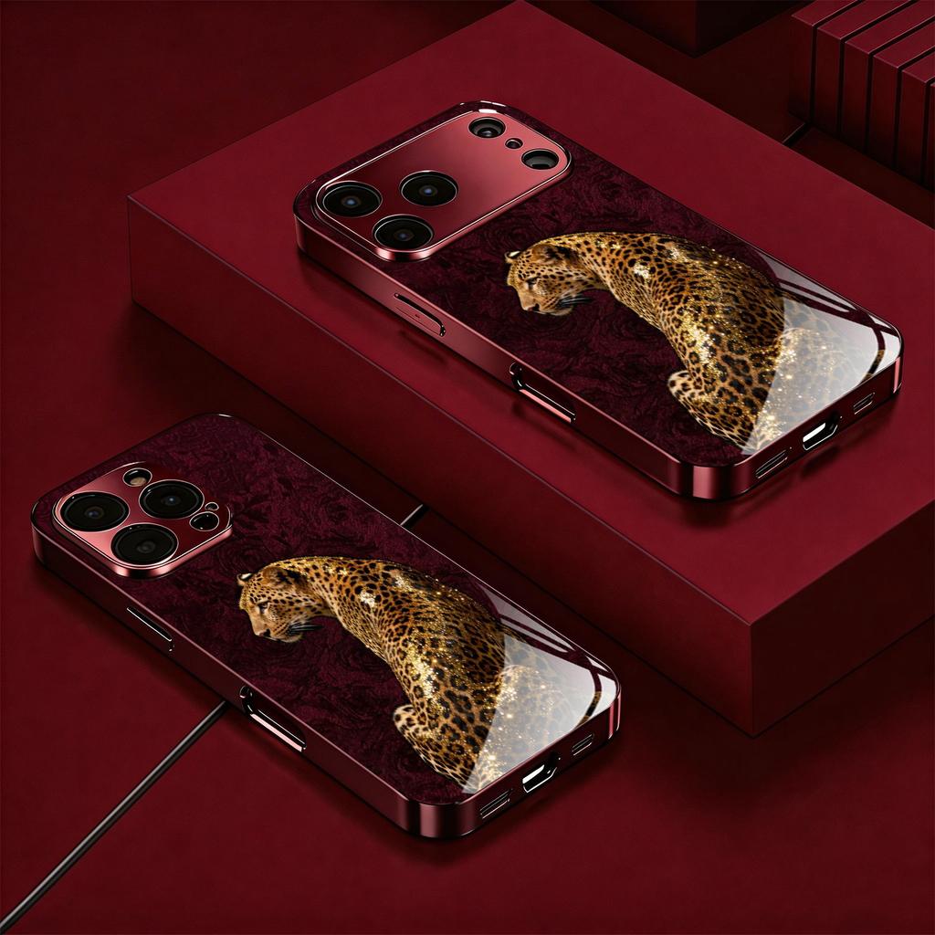 Luxurious gold leopard pattern electroplated glass phone case suitable for iphone 11ProMax 12 12MINI 13 15 15Promax 16 17Promax