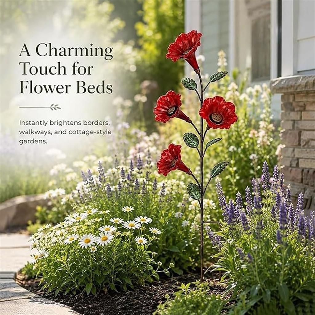 Red Flower Feeder with Garden Stake - Outdoor Backyard Decor