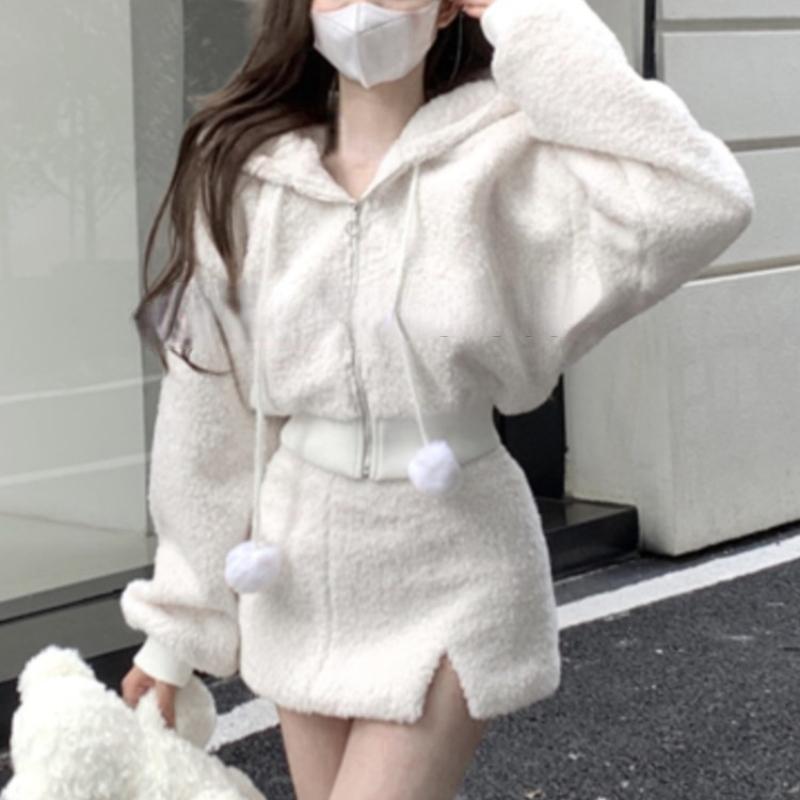 Elegant Solid Two-piece Skirt Sets Women Zipper Hoodies Jacket + Split Mini Skirt Autumn Winter Sexy Korean Style Outfits New