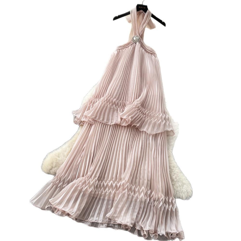 French Neck Sleeveless Backless Pleated Dress Women's Summer High Waist Cake Dress Fairy Vacation Style Long Dress