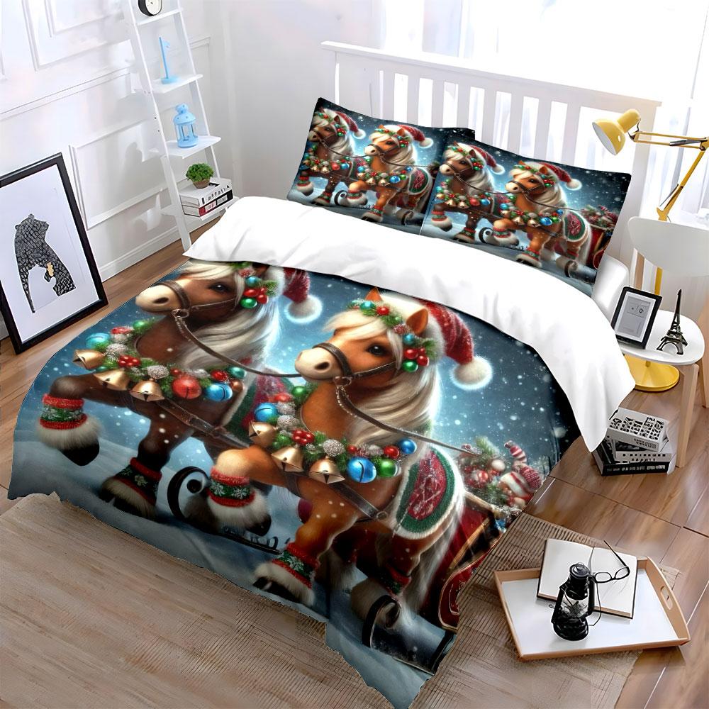 Christmas Horses Sleigh Design Bedding Duvet Cover Set  (1*Duvet Cover 2*Pillowcases, Without Duvet Insert)