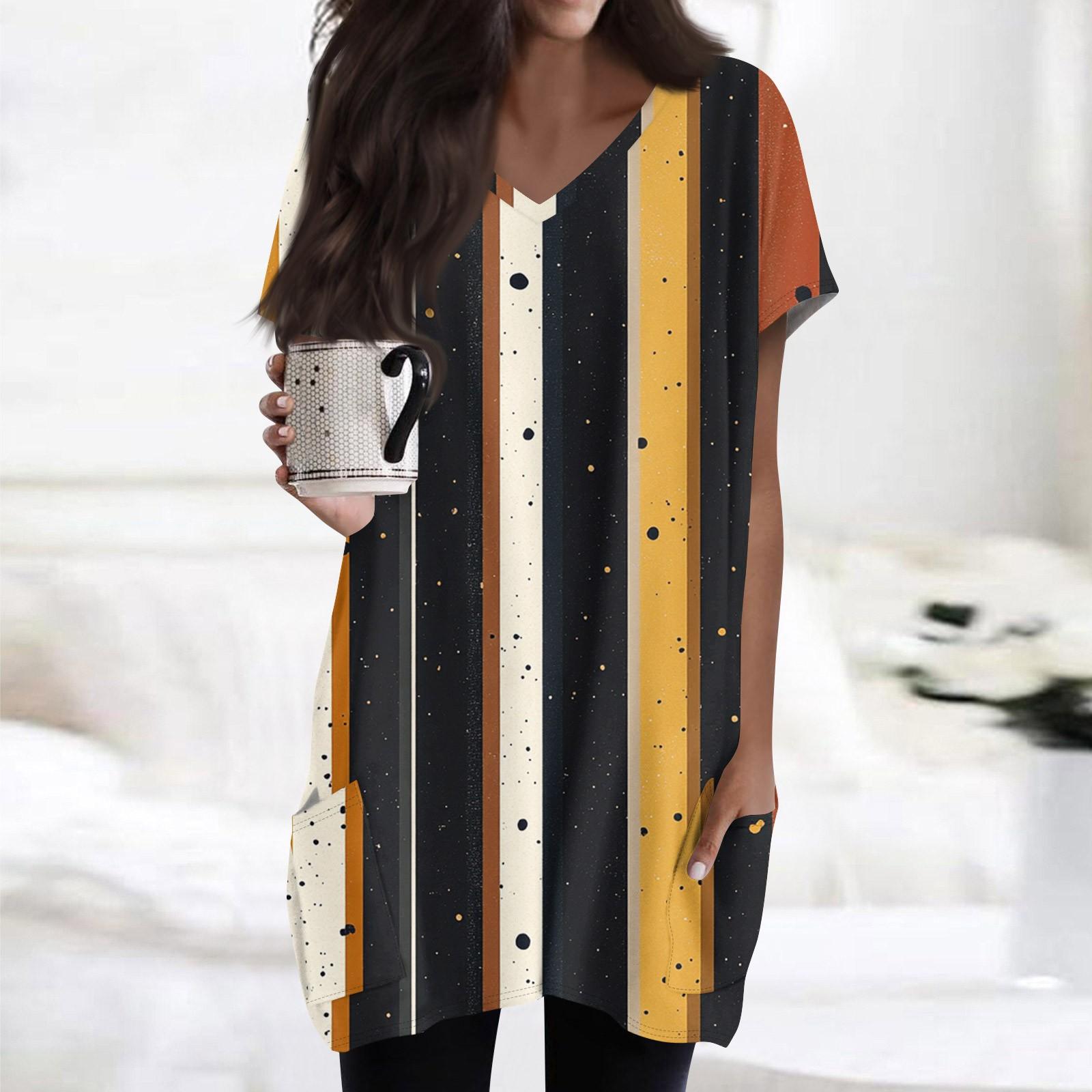 

Женский модный и повседневный топ с V-образным вырезом, цветочным принтом, средней длиной, карманом и короткими рукавами M жёлтый