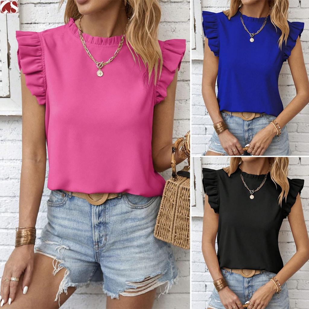 Women's Solid Sweet Crew NeckRuffled Sleeve Tank Top Summer European American Ladies Vest