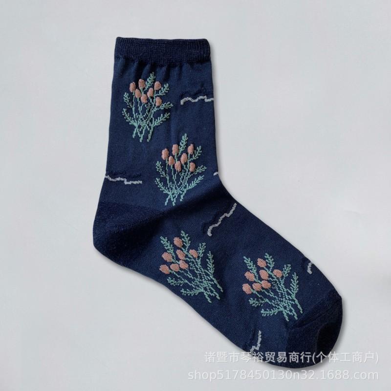 Womens Mid-Calf Socks Japanese Vintage Floral Embossed Artistic Casual