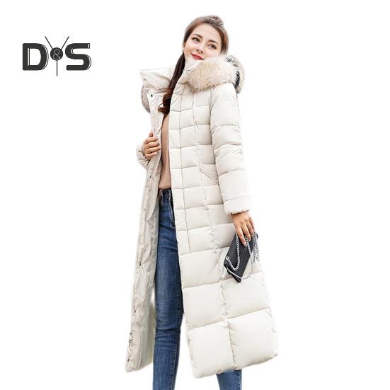 Winter Women Cotton Jacket Detachable Hood Neck Protection Long Sleeves Pockets Knee Length Zipper Closure Padded Coat Solid Color Windproof Outwear