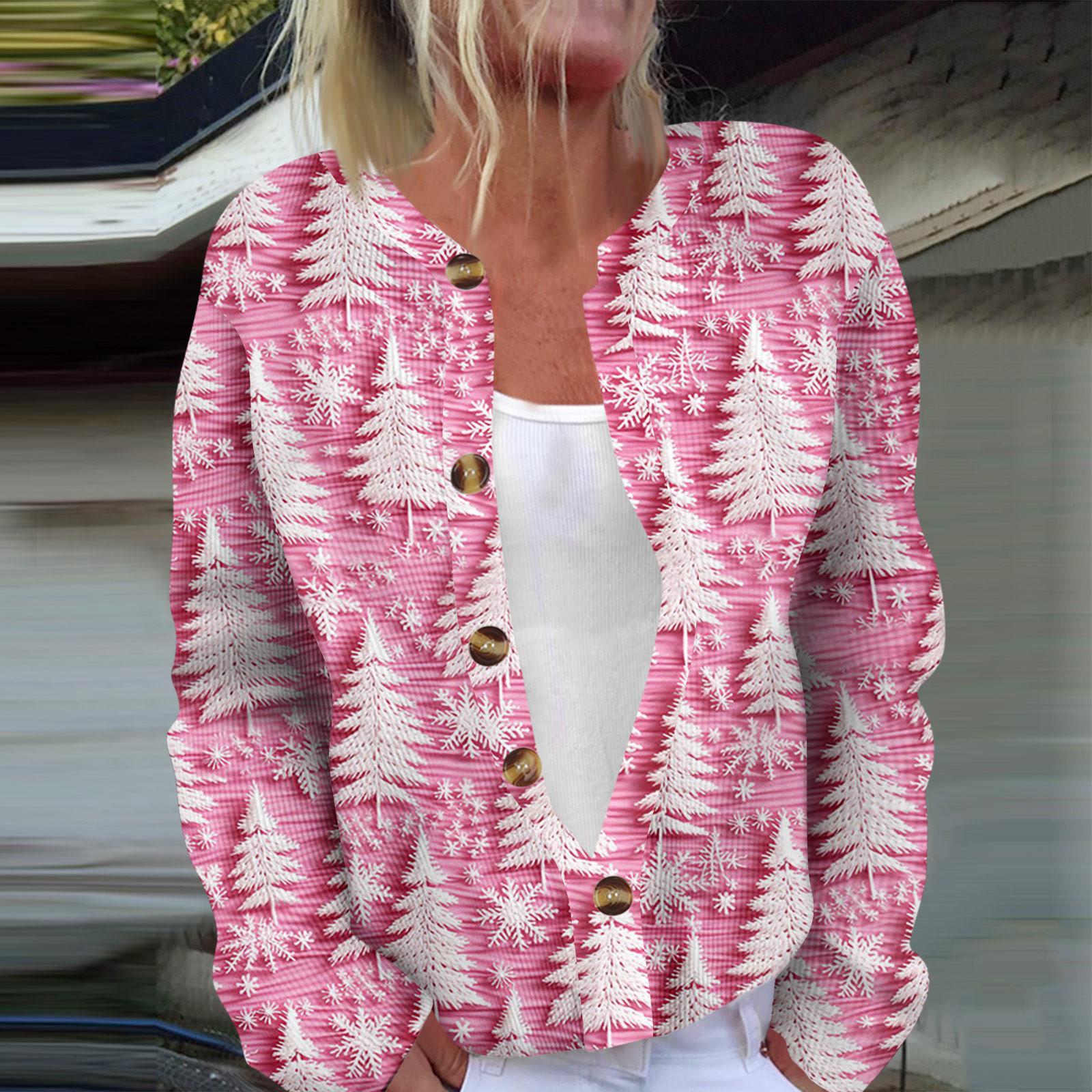

Женская мода с длинным рукавом, рождественский принт «елка-снежинка», куртка, кардиган M розовый