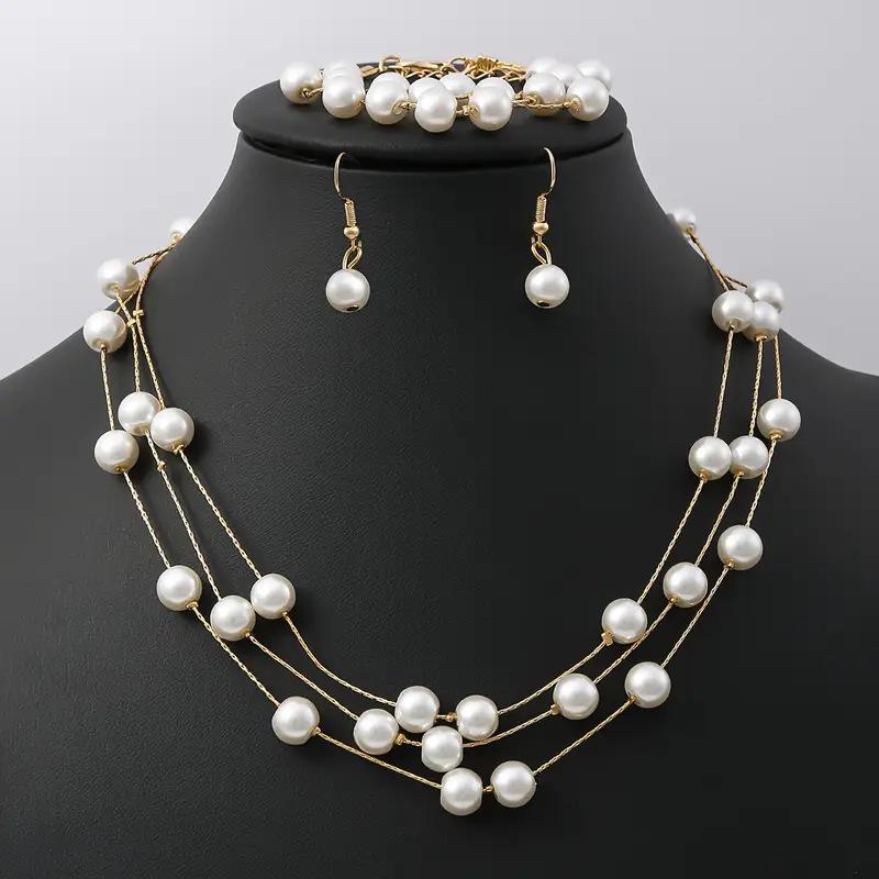 Hot Selling Multi-Layer Pearl Necklace Earrings Bracelet Jewelry Set Wedding Season Bridal Jewelry Women