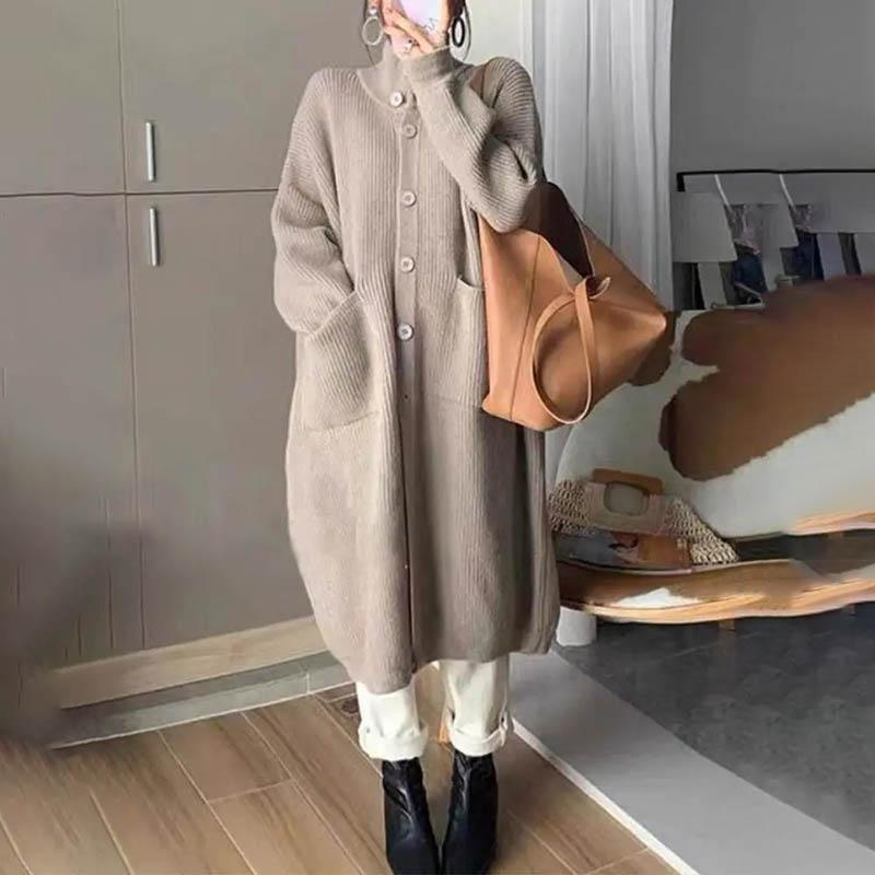Sweaters Coat Cardigan for Women Autumn Winter Large Size Vintage Loose High-neck Long Sleeve Knit Long Sweaters Jacket