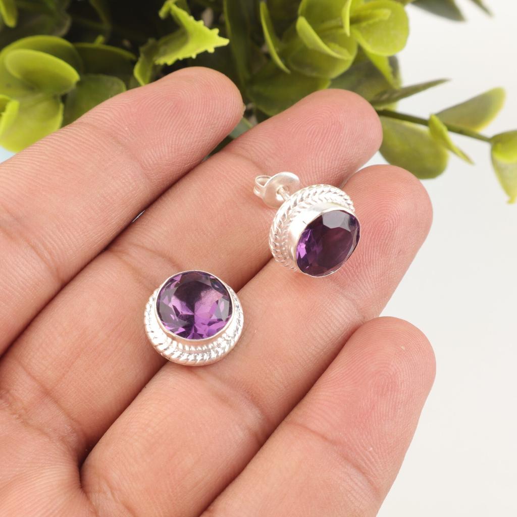 Amethyst Gemstone 925 Sterling Silver Jewelry Handmade Earrings 0.53" For Women EE-147-4