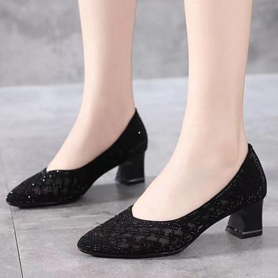 2025 Summer Rhinestone Mesh Pointed-Toe Mid-Heel Sandals with Skirt, Women's Fashion Shoes
