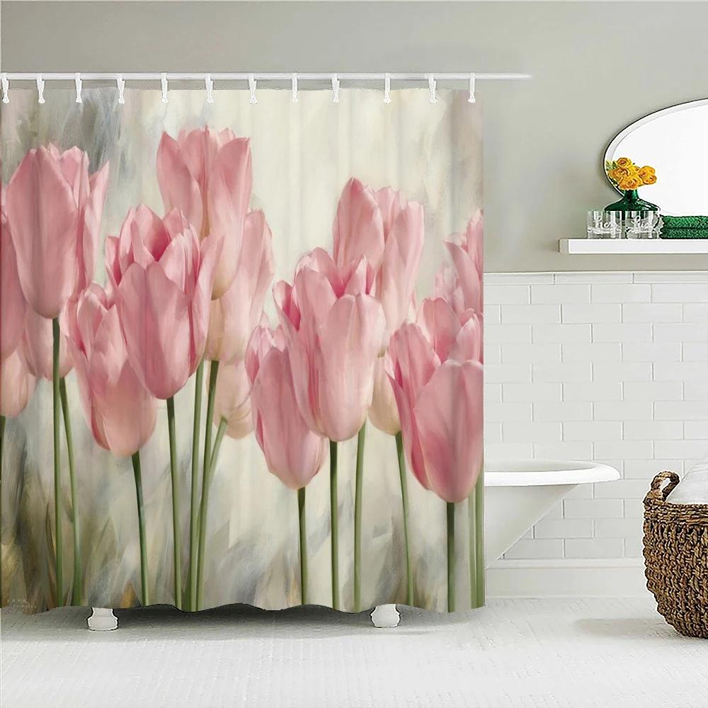 Colorful Tulip Flowers Shower Curtains 3D Beautiful Flower Print Bath Curtain Waterproof Fabric With Hooks Bathroom Decoration