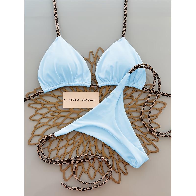 Ladies' Fashionable Leopard Print Bikini Swimsuit - Tie String Triangle Top & Thong Bottom Set, Sexy Beach Vacation Outfit