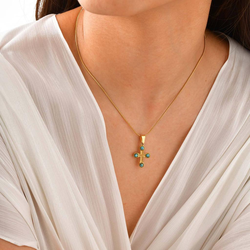 Stainless Steel Inlaid Natural Stone Cross Pendant Necklace Women'S Retro High-End Jewelry Pn-2197