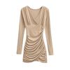 Sexy Deep V-Neck Pleated Slimming Mini Dress for Women - Autumn and Winter Base Layer