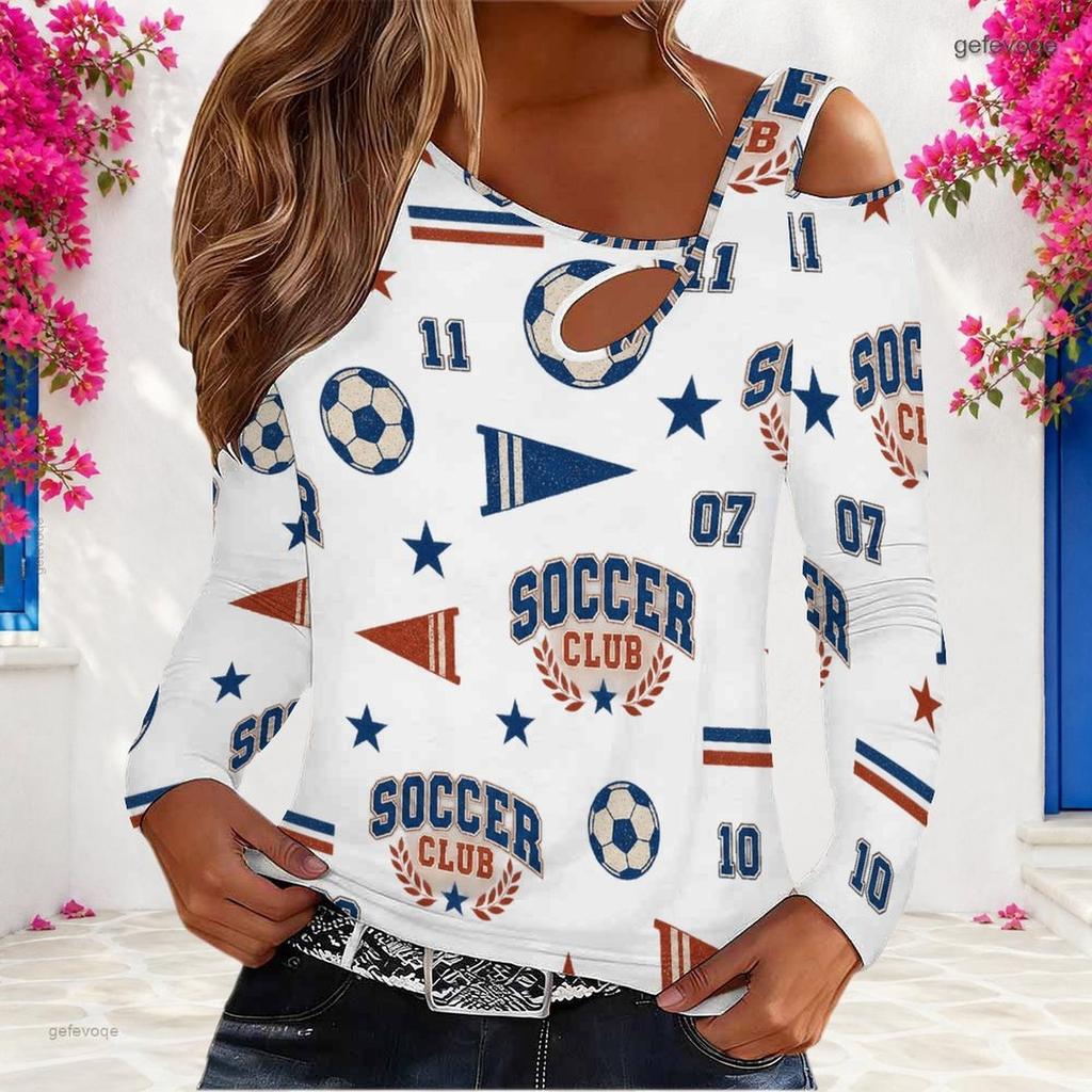 Women Plus Size Asymmetric Cutout Neck Cold Shoulder Long Sleeve Bicycle Printed White Fitted Top