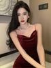 Luxurious French Gold Velvet Fishtail Slip Dress for Women - Autumn/Winter Sexy Bodycon with Hip-Slit for Evening Wear