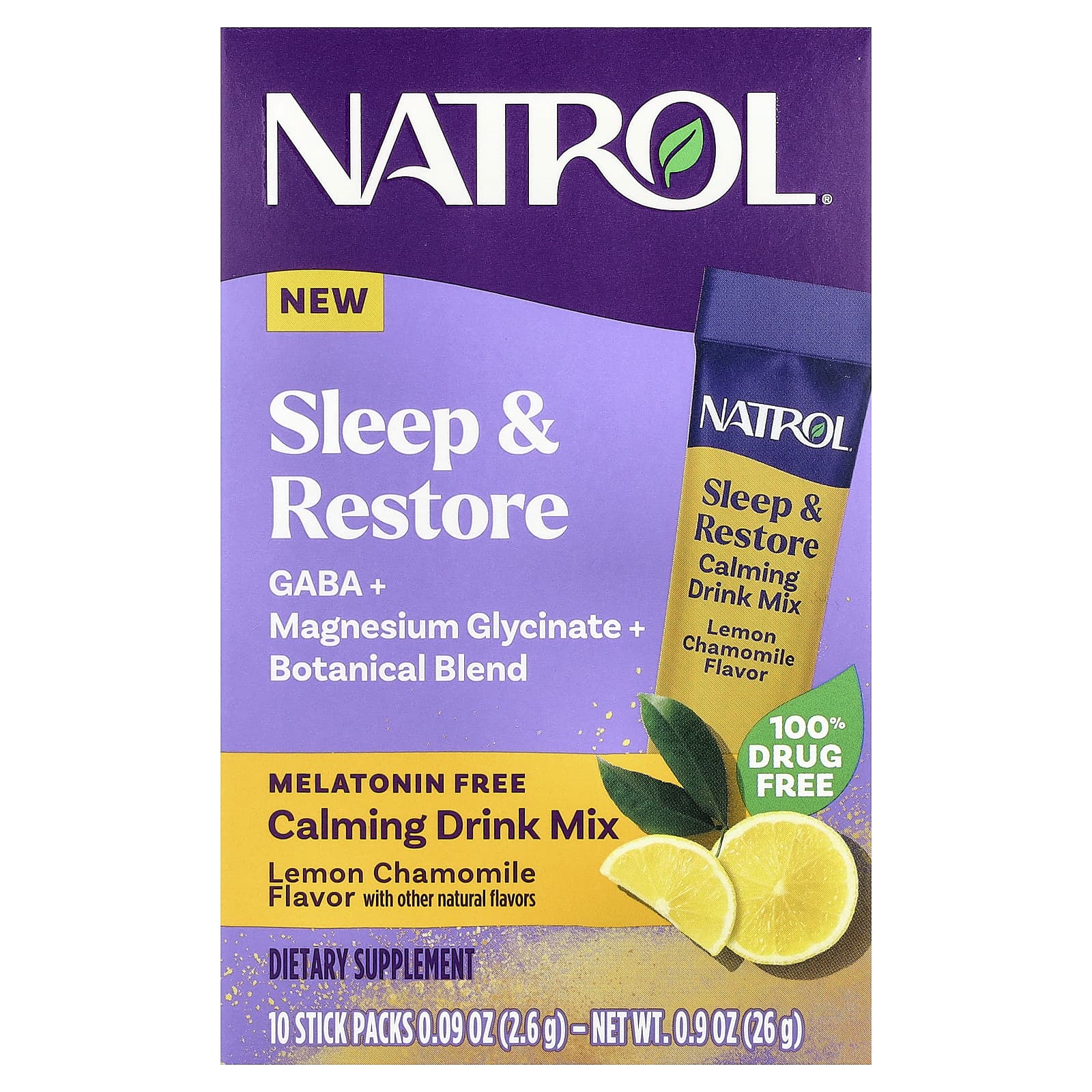 

Sleep & Restore, Calming Drink Mix, Melatonin Free, Lemon Chamomile, 10 Count, Stick Pack, 2.6G (0.09Oz) Each