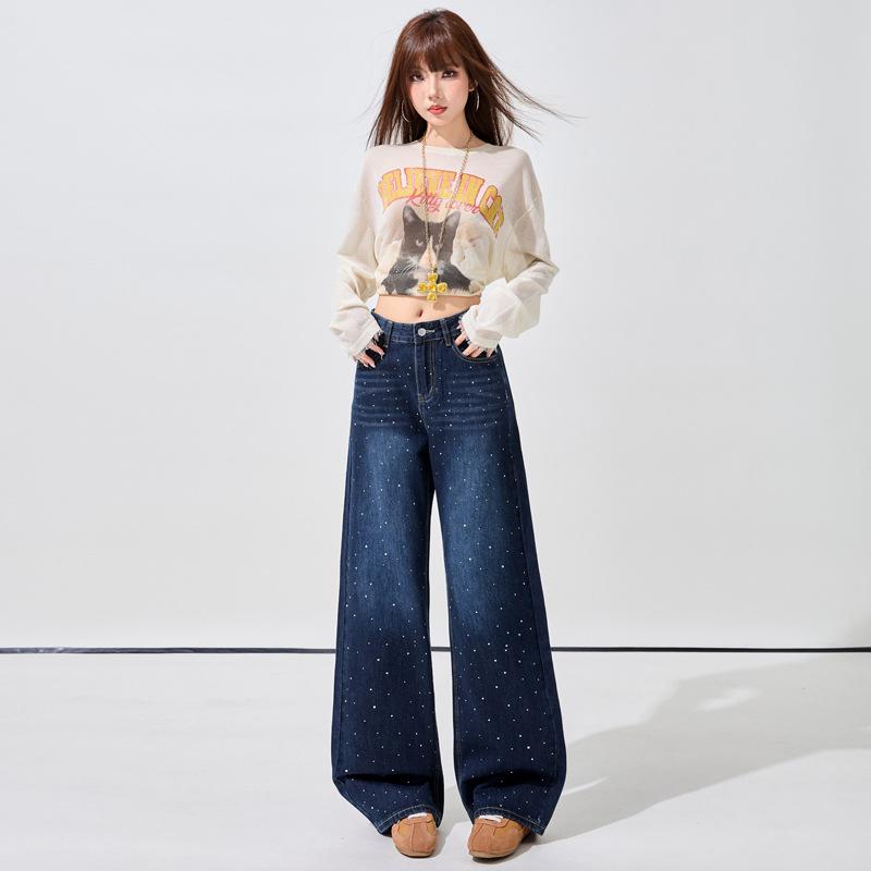 Spring new hot diamond blue-gray wide-leg jeans women's high-waisted straight drape floor pants blue-gray trousers