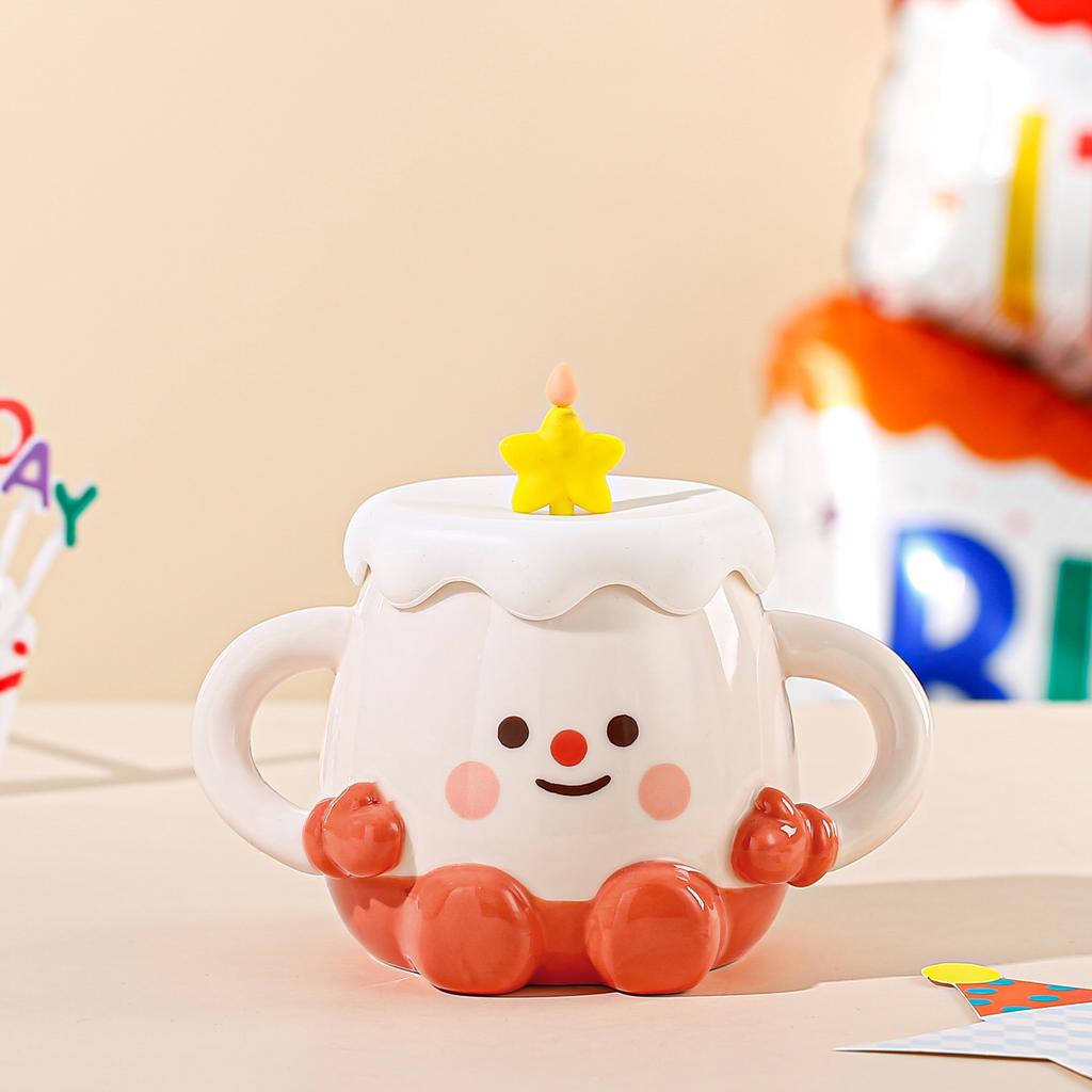Cute Cake Cup with Lid Cartoon Smiling Face Mug Large Capacity High Temperature Resistant Household Set Water Cup Small Gift
