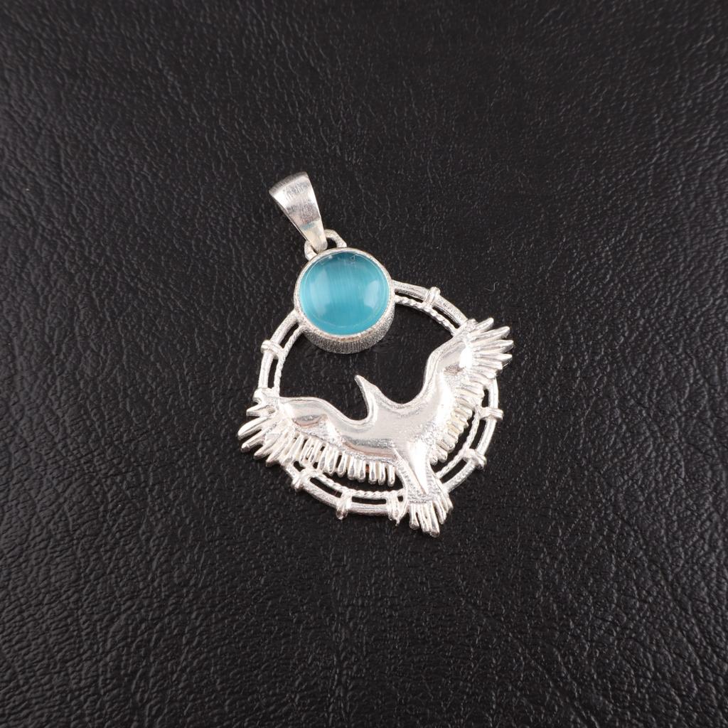 Rare Blue Cat's Eye Gemstone 925 Sterling Silver Jewelry Handmade Pendant 1.43" CP-38-46