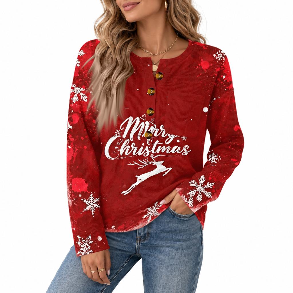 Damen Strickoberteil mit Knopfleiste und Weihnachtsdruck, Langarm, für festliche Freizeitkleidung