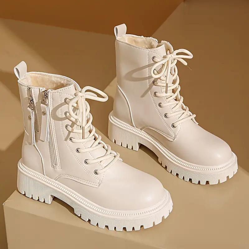 Fashionable Faux Pu Leather Round Toe Martin Boots With Thick Bottom And Warm Lining