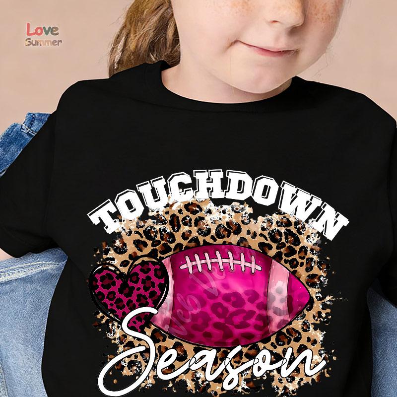 TOUCHDOWN SEASON Football Graphic Print Tee Girls Casual Short Sleeve T-shirt For Spring Summer For Everyday Activities